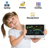 A young girl is holding and using an LCD writing tablet for kids on a message board.