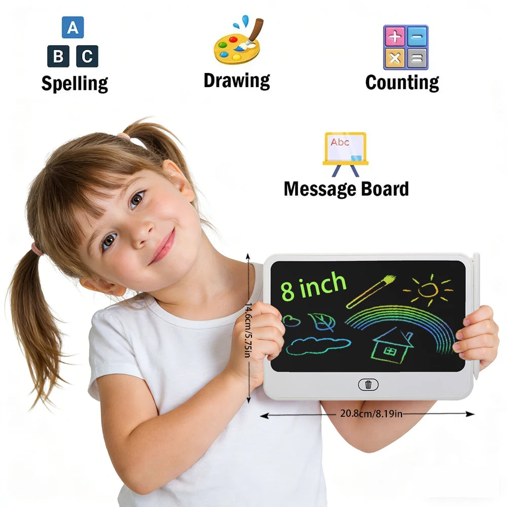 A young girl is holding and using an LCD writing tablet for kids on a message board.