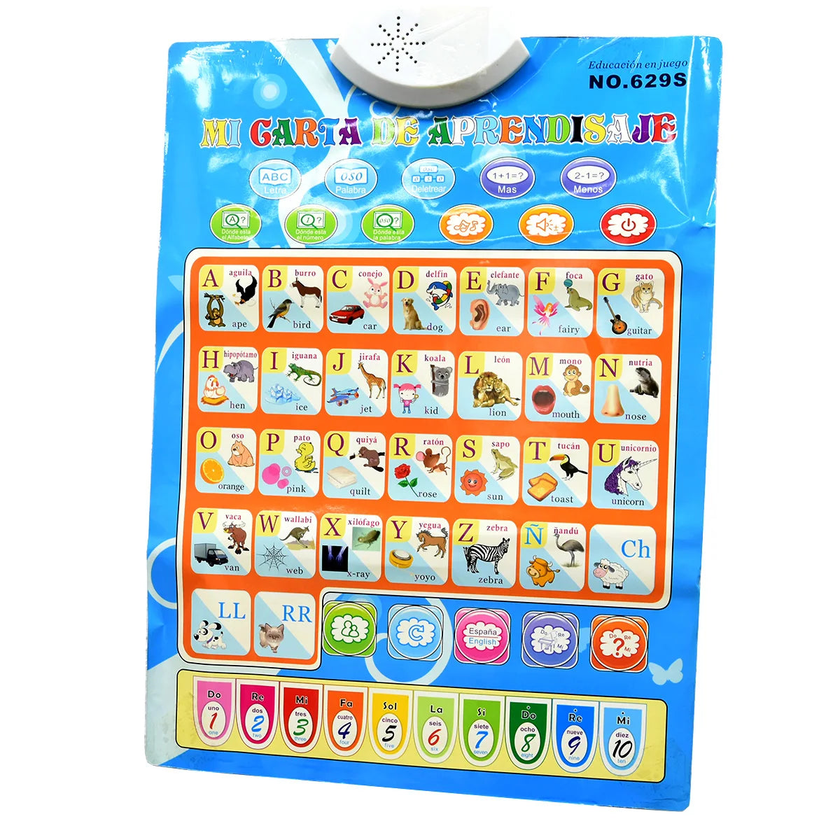 A blue learning poster titled MI GARTA DE APRENDISAJE with an alphabet and number chart.