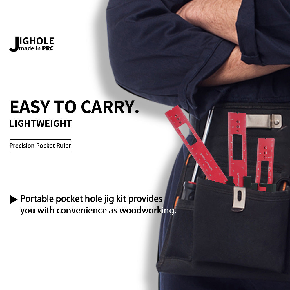 A red aluminum pocket ruler is shown inside a black tool pouch, demonstrating its portability for woodworking.