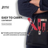 A hand holds a black tool pouch containing a red aluminum pocket ruler and jig kit for woodworking.