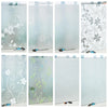 Various panels of frosted privacy window film featuring floral and geometric patterns for UV blocking and decoration