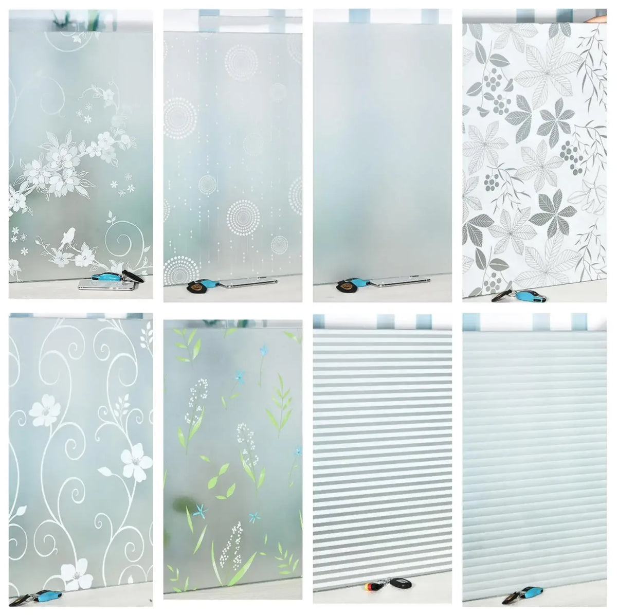 Various panels of frosted privacy window film featuring floral and geometric patterns for UV blocking and decoration