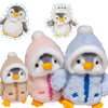 A collection of cute penguin plush toys wearing various hats and winter clothing.