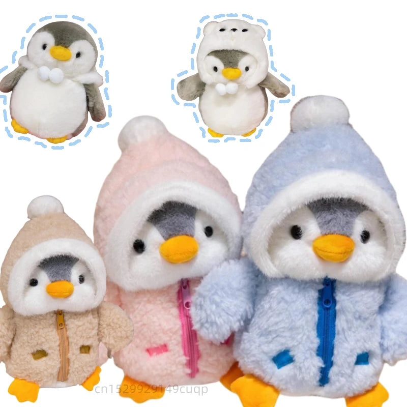 A collection of cute penguin plush toys wearing various hats and winter clothing.