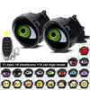 A black LED devil eye headlight camera module with multiple eyes and emoticons shown alongside a remote control.