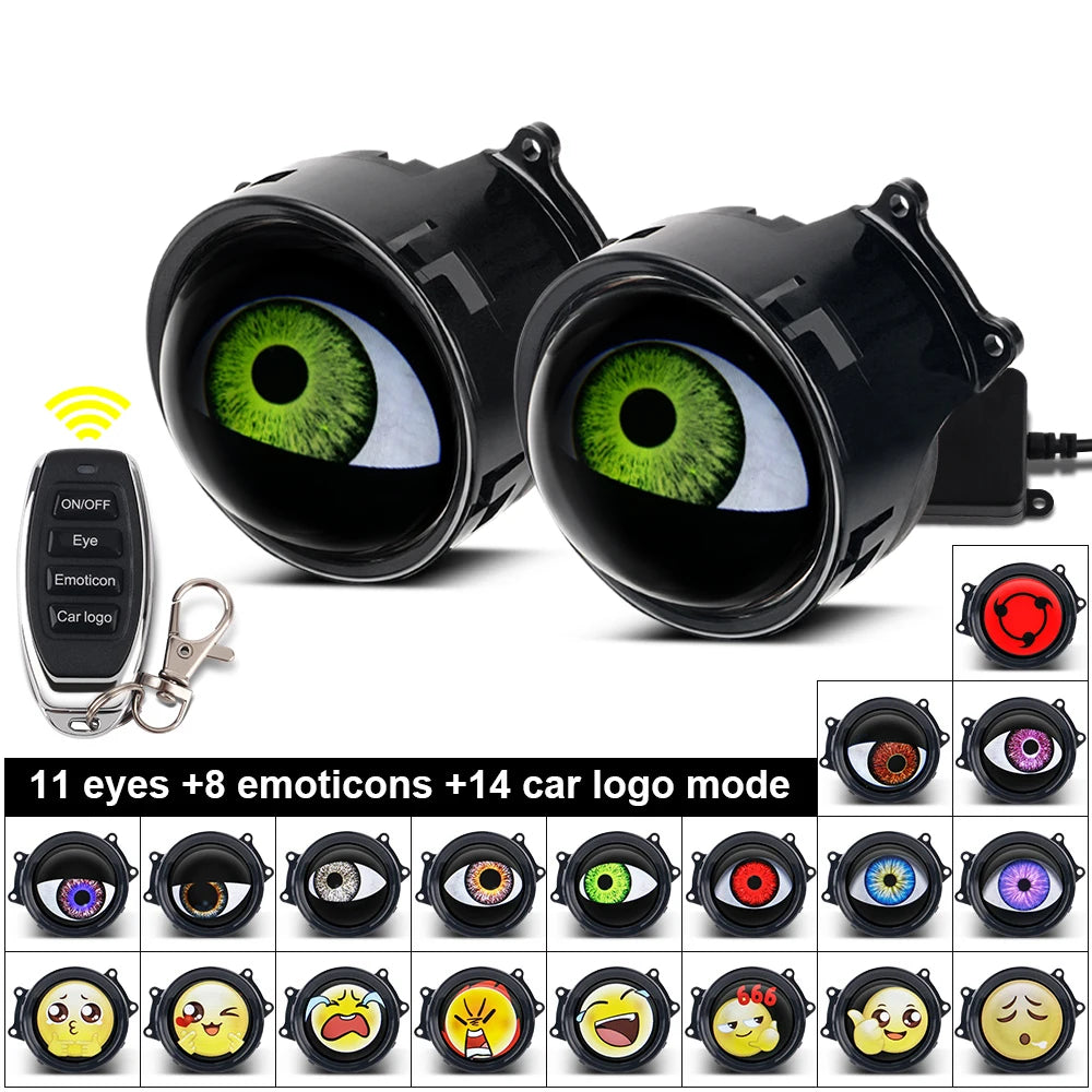 A black LED devil eye headlight camera module with multiple eyes and emoticons shown alongside a remote control.