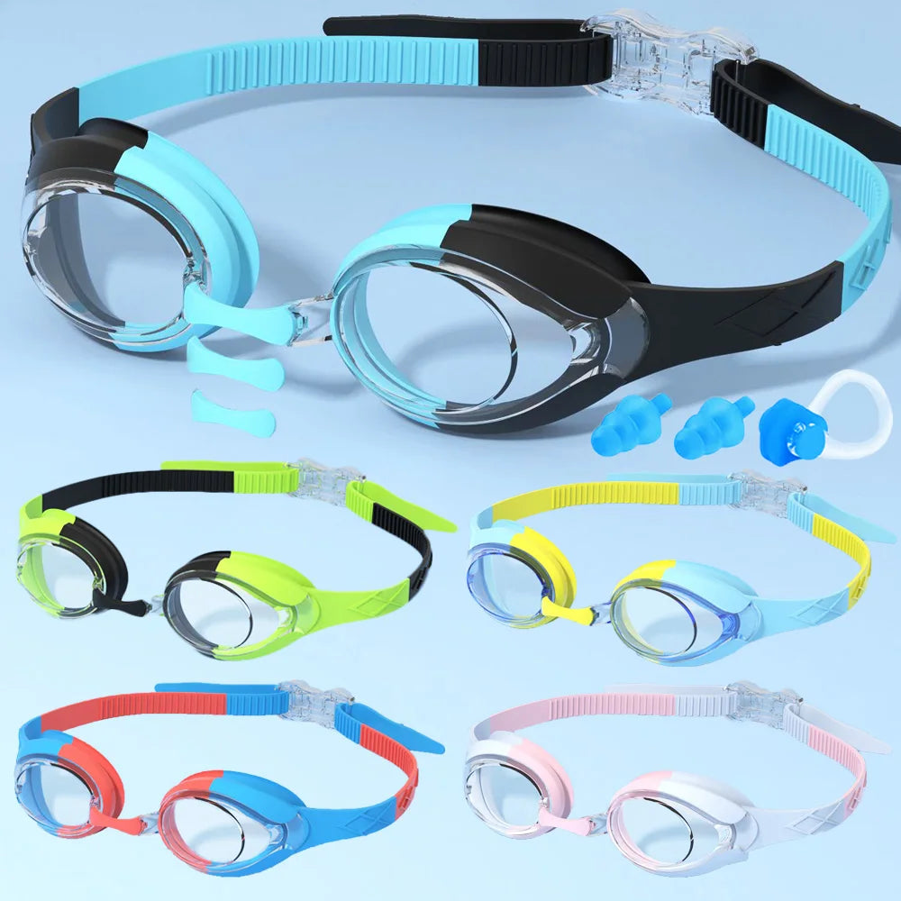 Collection de lunettes de natation anti-buée pour enfants dans diverses couleurs : bleu, noir, vert, jaune et rose.