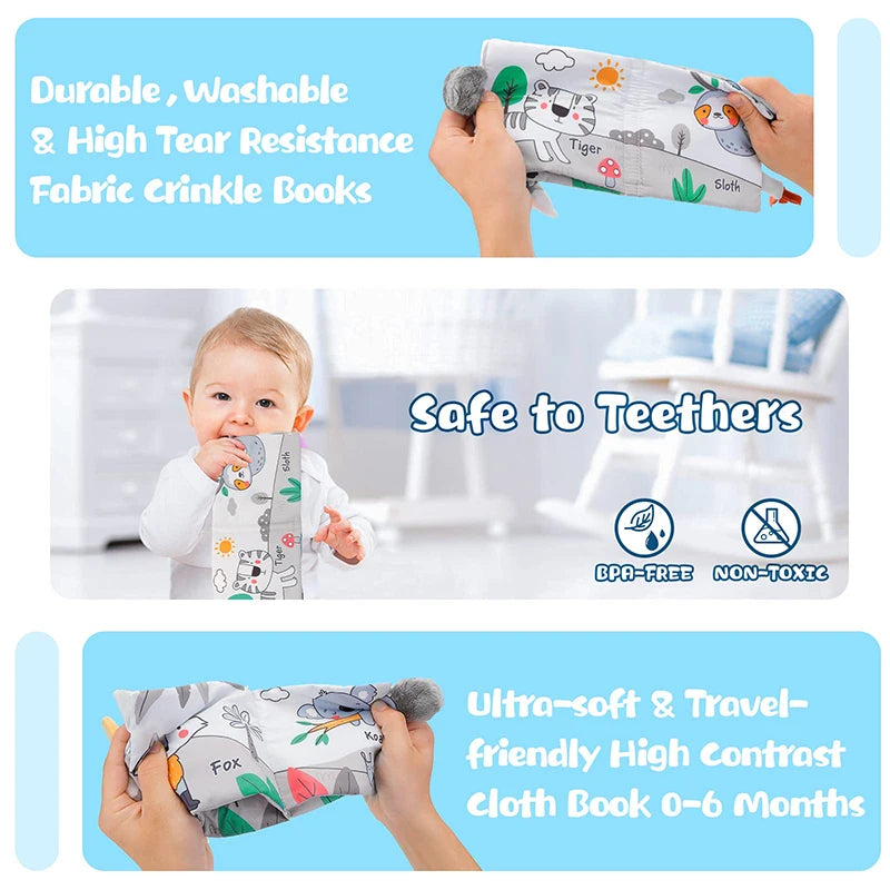 High-Contrast Soft Cloth Book with 3D Touch & Sensory Sounds for Babies 0-12 Months