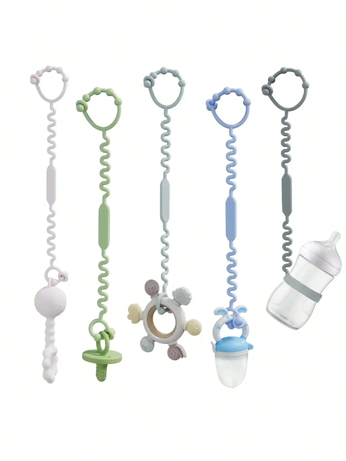 A set of adjustable silicone pacifier chains in various colors, including white, green, blue, and gray, shown next to a clear