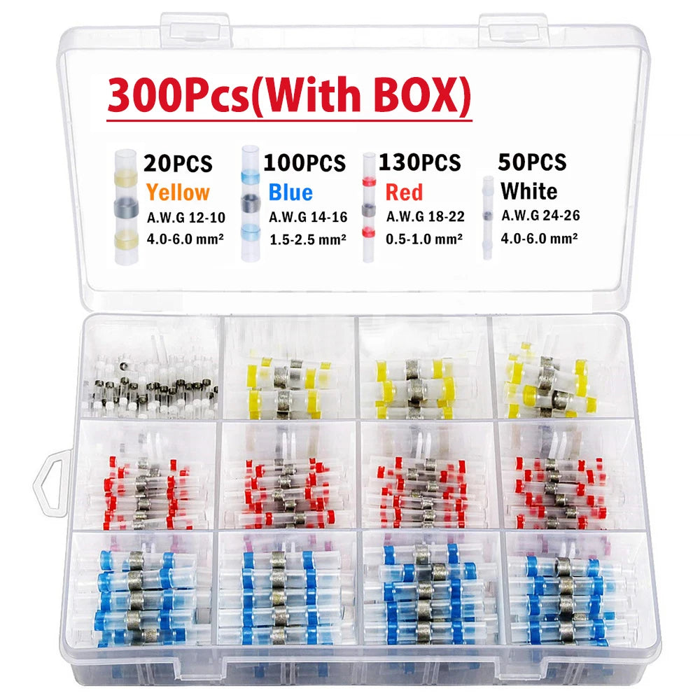 A storage case containing 300 pieces of solder seal wire connectors in yellow, blue, red, and white colors.