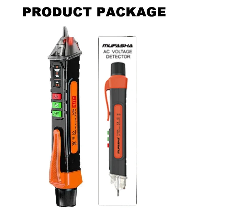 Black and orange non-contact AC voltage detector pen with a protective casing.