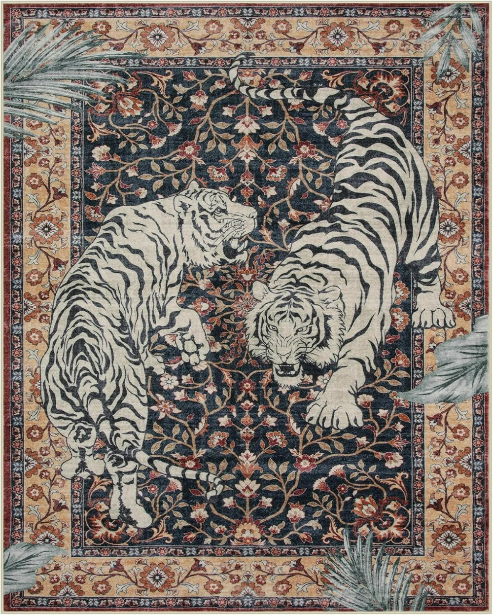 A richly patterned area rug featuring a stylized jungle tiger print in black, white, and gold tones.