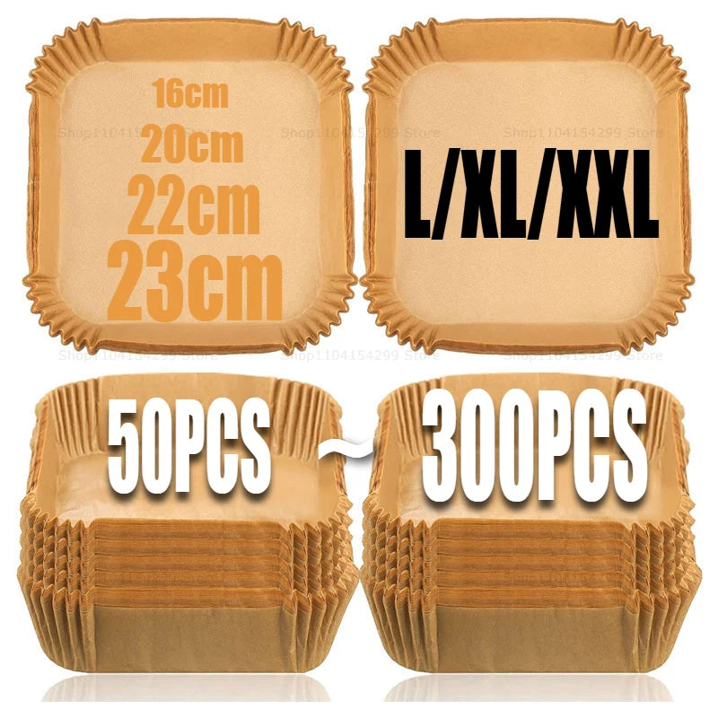 Pack of disposable parchment paper liners for air fryers in various sizes and quantities