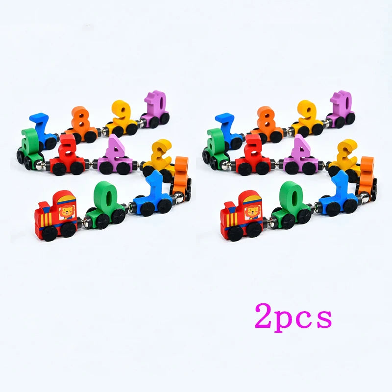 A set of magnetic wooden number train pieces in various colors like blue, orange, yellow, and purple.