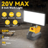 A yellow cordless LED work light with an 8 inch light panel is shown on a wooden surface.