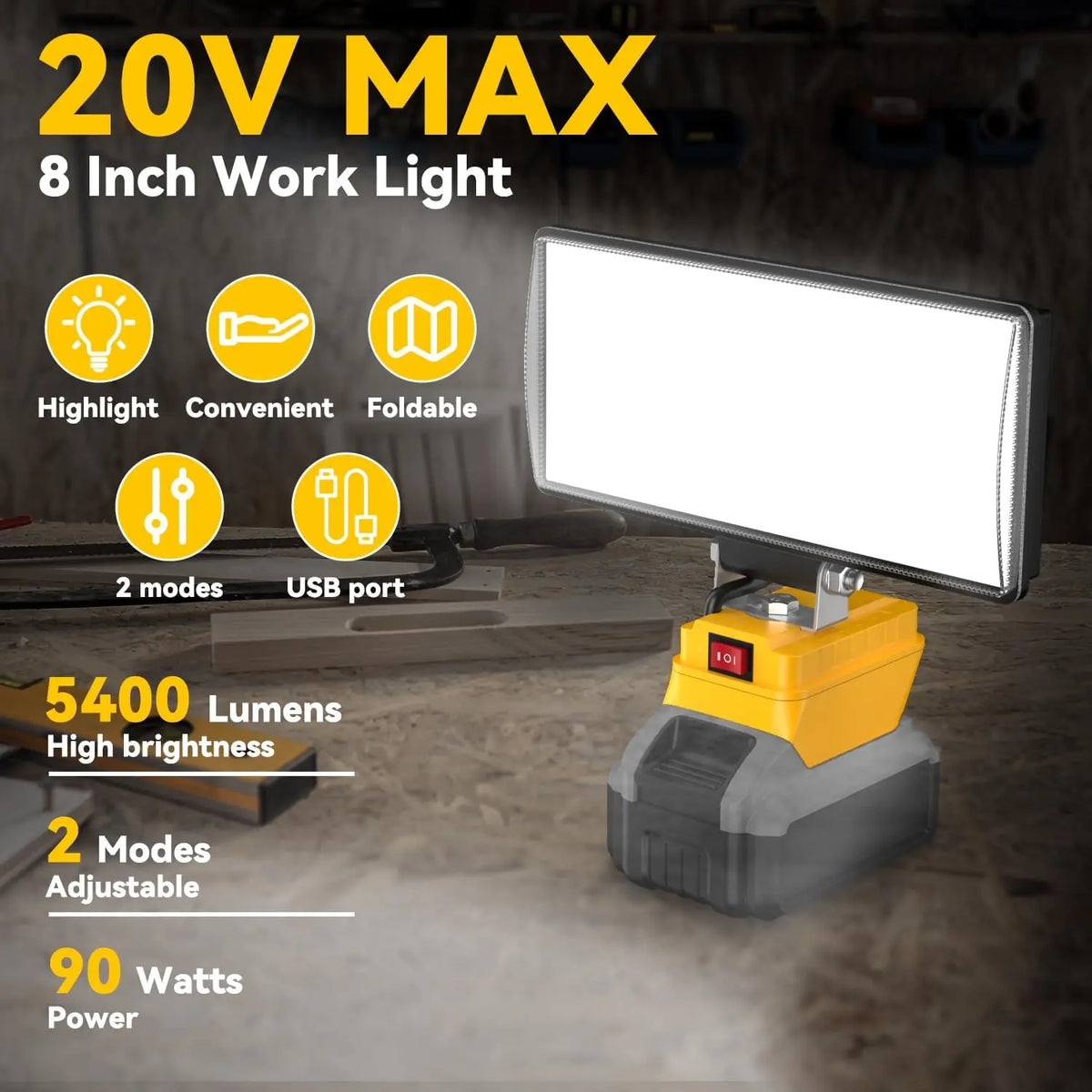 A yellow cordless LED work light with an 8 inch light panel is shown on a wooden surface.