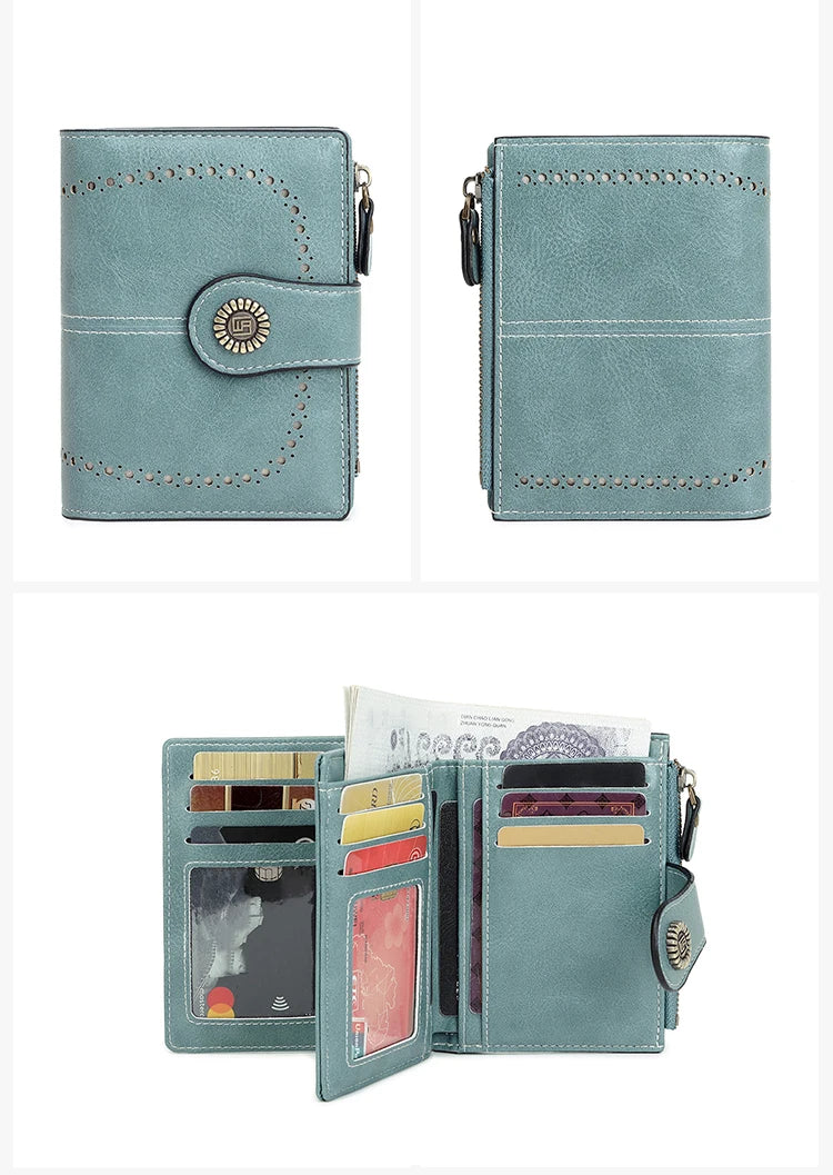 A teal leather wallet shown in two views, featuring multiple card slots and a decorative clasp.