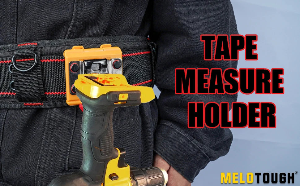 A yellow tape measure holder is clipped onto a black belt, demonstrating its use for measuring tape.