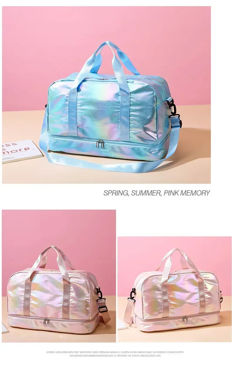 A light blue iridescent travel duffel bag with pink accents shown against a pink background.