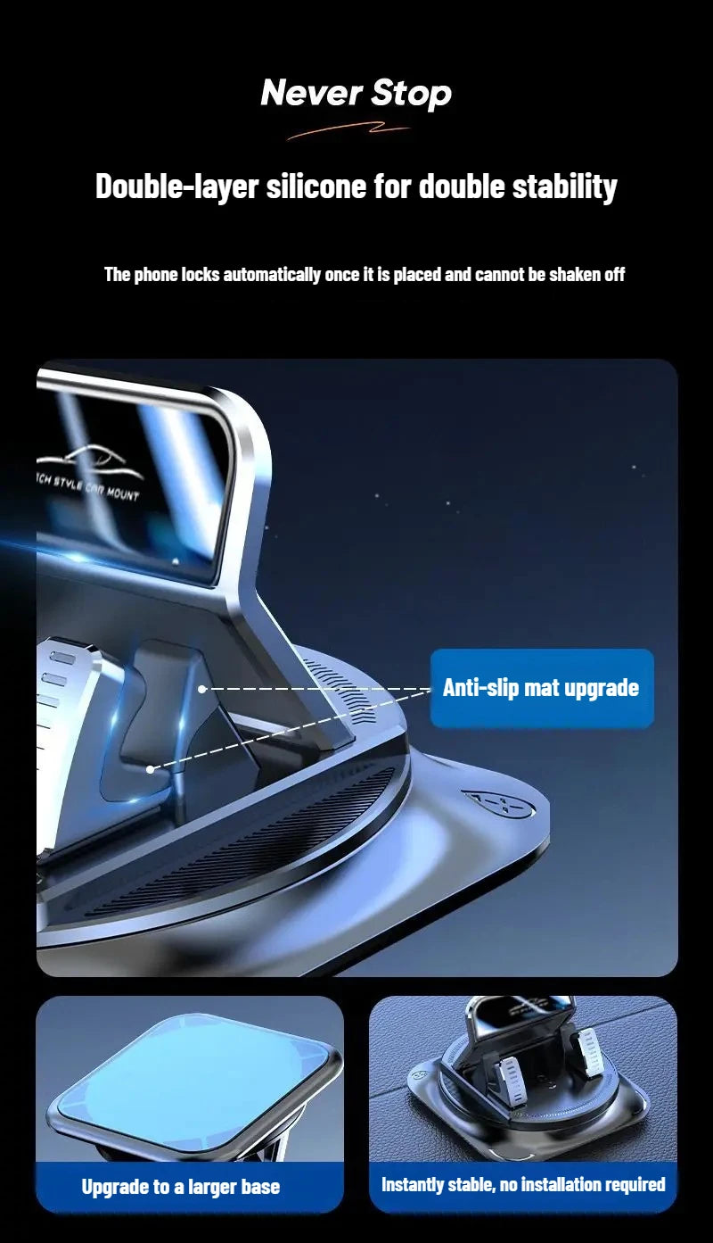 A silver anti-slip mat upgrade phone mount is shown with an upgrade feature for a larger base.