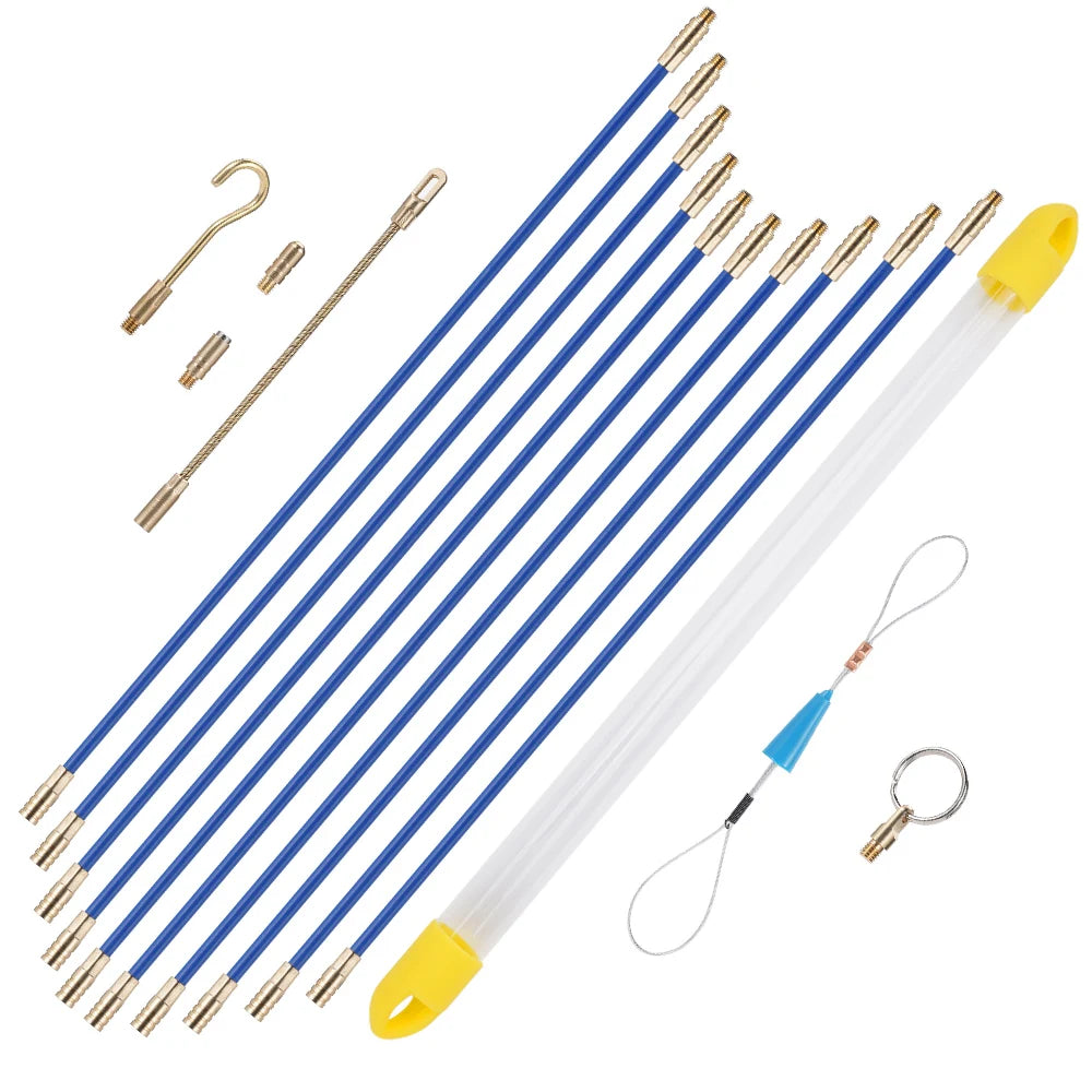A 10-piece set of fiberglass fish tape wire pulling kit with brass fittings, showing multiple thin blue wires and a white tap