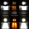 A set of three LED driving lights demonstrating main light, amber DRL, and all lights on modes.