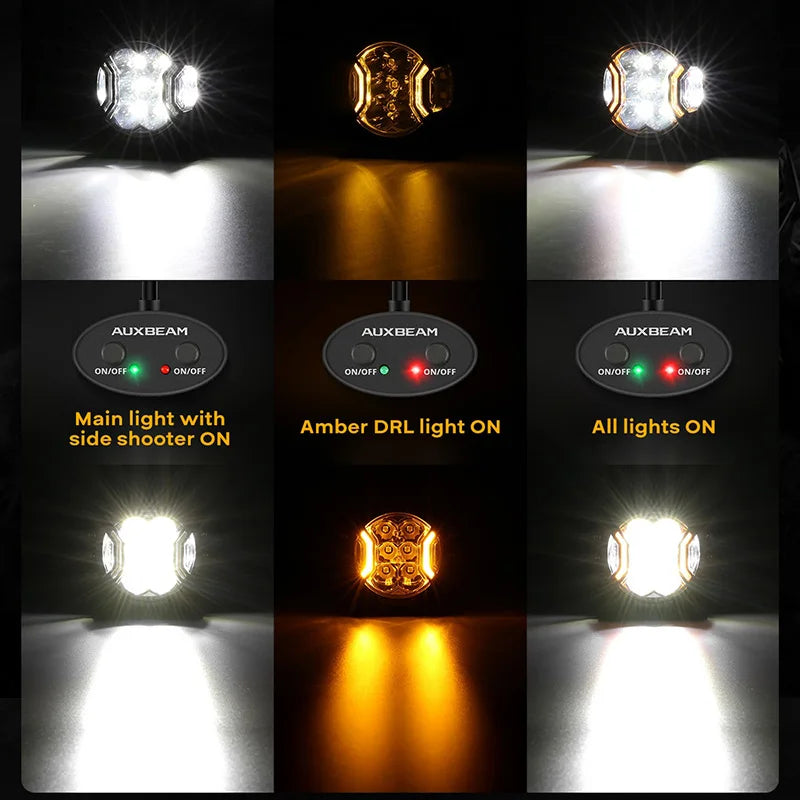 A set of three LED driving lights demonstrating main light, amber DRL, and all lights on modes.