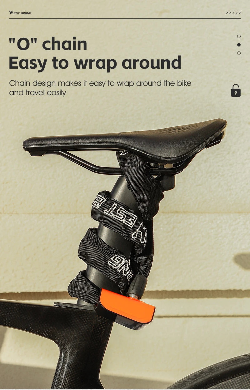 A close-up of a heavy-duty chain lock designed to wrap around a bicycle's handlebars.