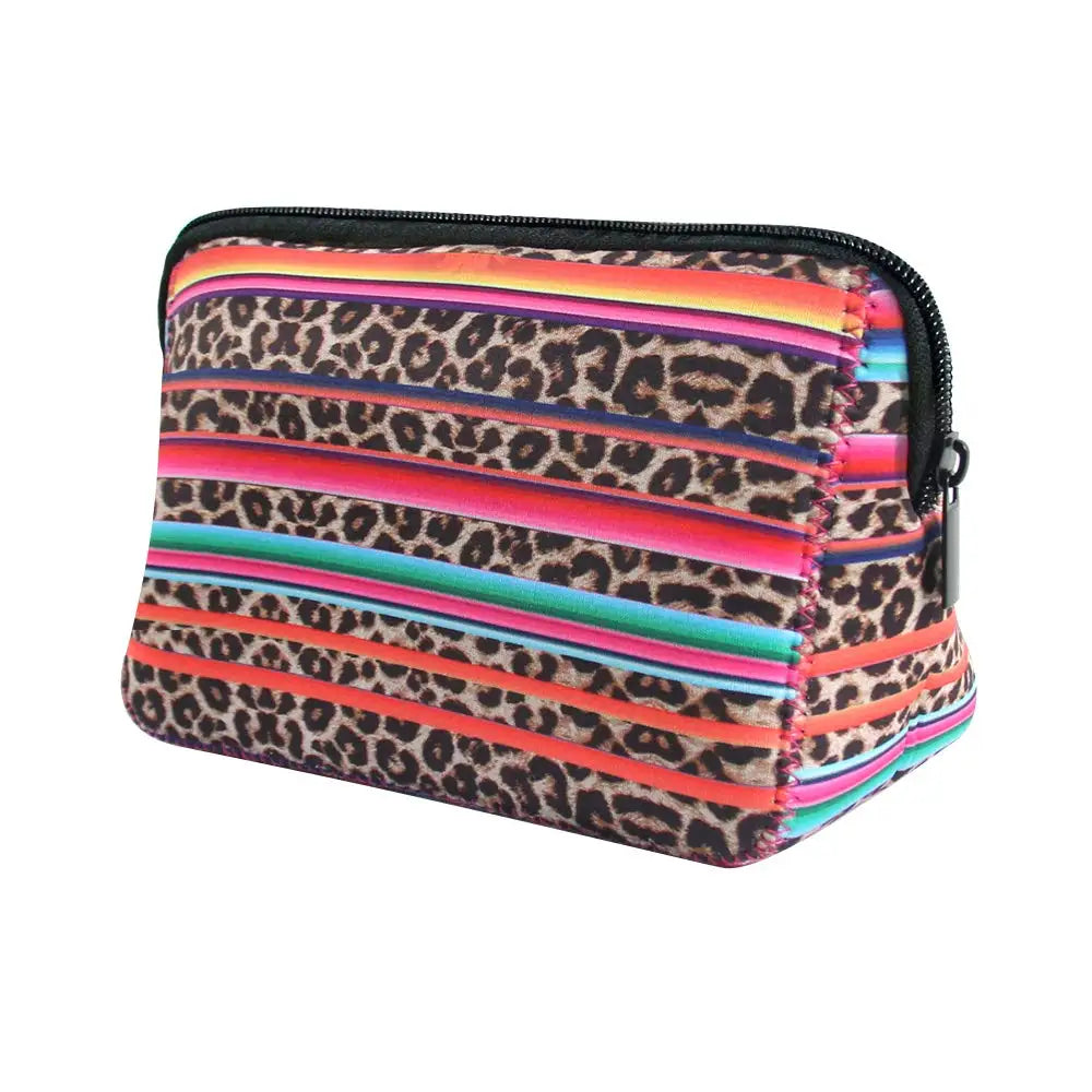 A zippered cosmetic bag featuring a leopard print and horizontal stripes of various bright colors.