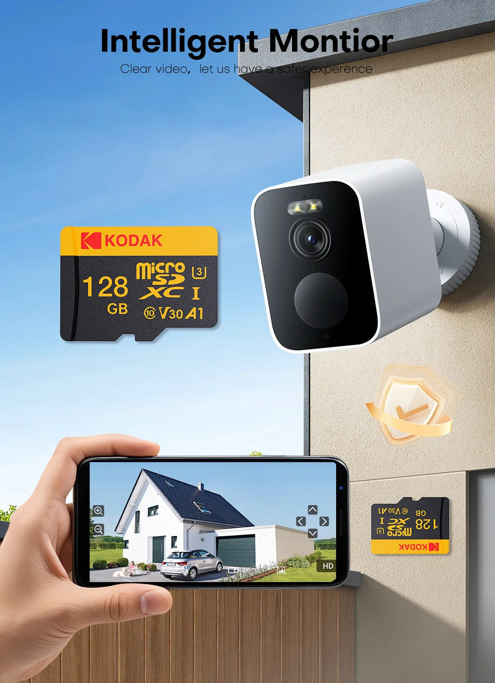 A white security camera is mounted on a wall, with a hand holding a smartphone displaying a live video feed from the camera.