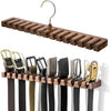 A wooden belt and tie organizer featuring a hanging rack with multiple leather and metal clips.