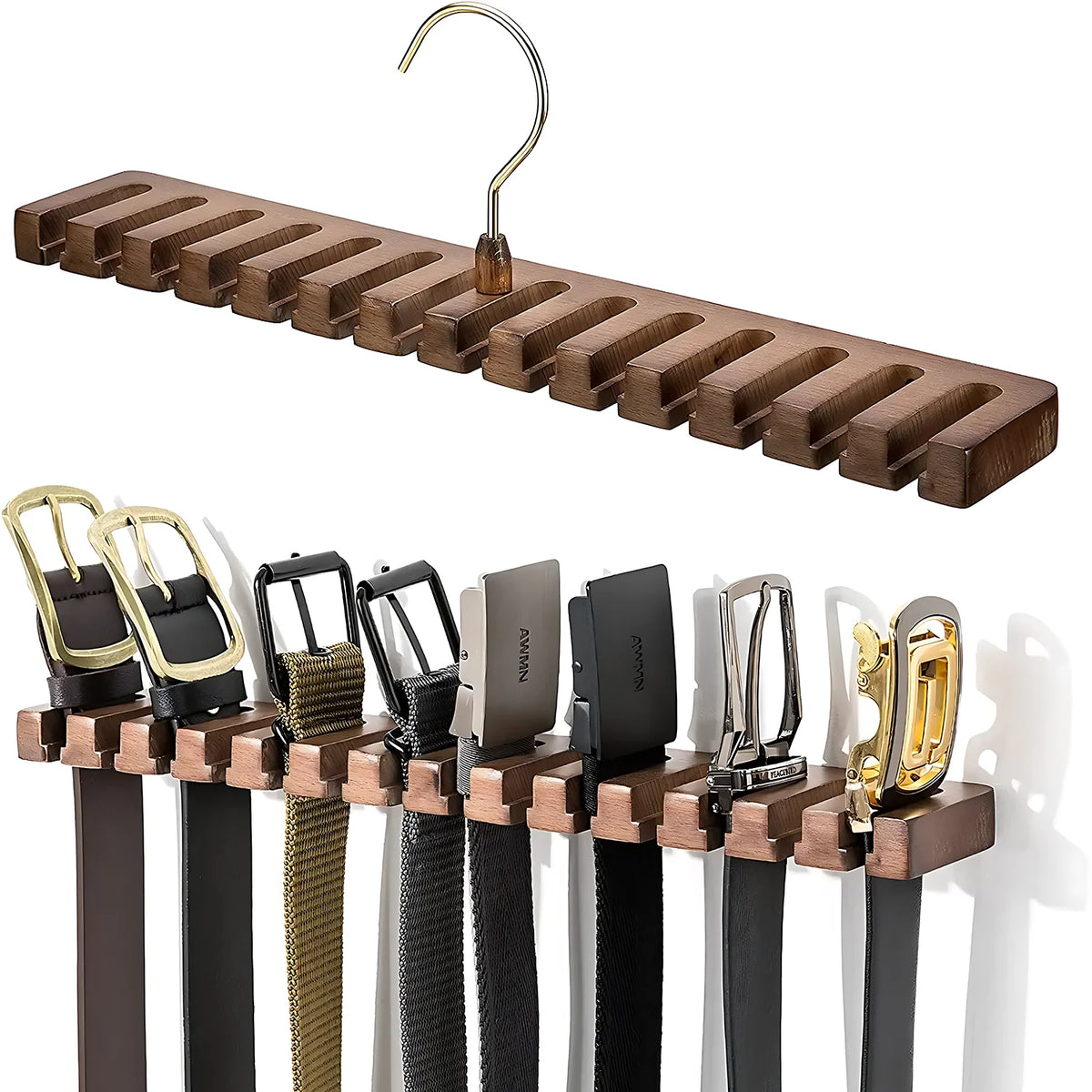 A wooden belt and tie organizer featuring a hanging rack with multiple leather and metal clips.