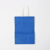 A plain blue paper gift bag with white handles.