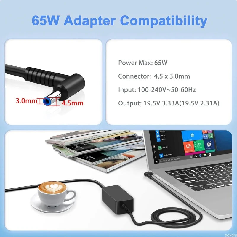 65W HP Laptop Charger with 4.5mm Blue Tip Connector
