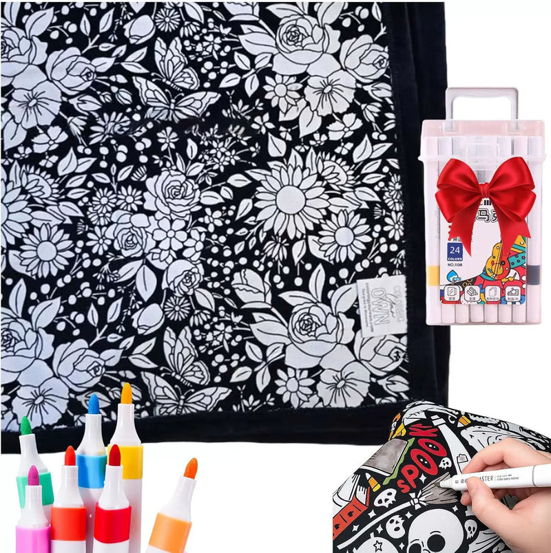 Reusable Fleece Coloring Blanket with 24 Washable Markers