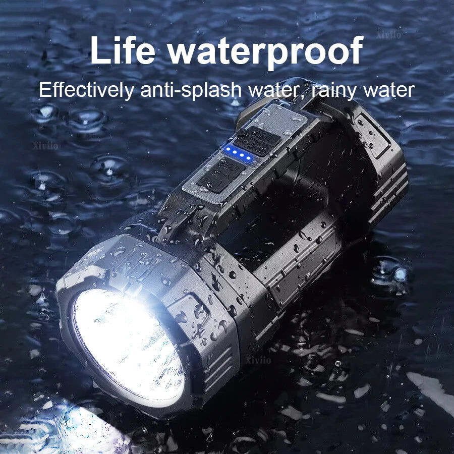 A black LED flashlight is shown being tested for waterproof performance, with water droplets visible on its surface.