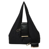 Black retractable keychain tote bag folded into a compact pouch with gold hardware