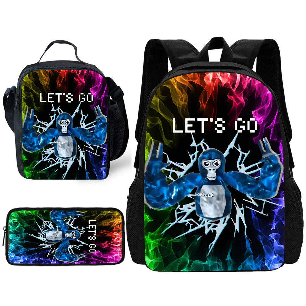 Cartoon Gorilla Kids School Backpack Set with Lunch Bag and Pencil Case