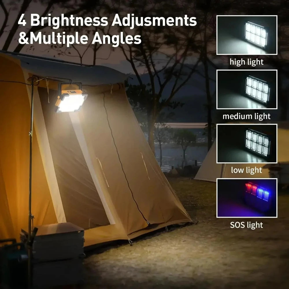 A portable solar and USB LED work floodlight demonstrating four brightness adjustments: high, medium, low, and SOS light mode