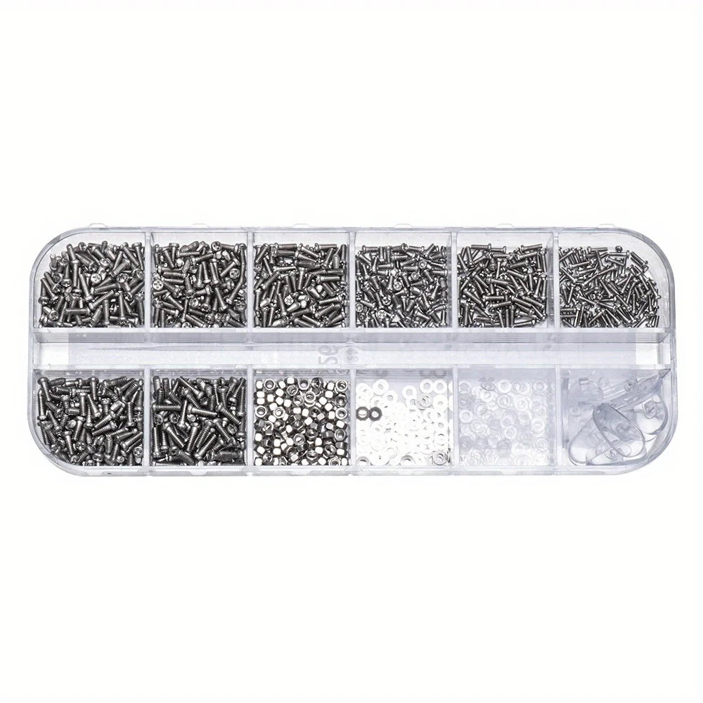 A clear plastic case containing various glass repair tools and replacement parts for glasses.