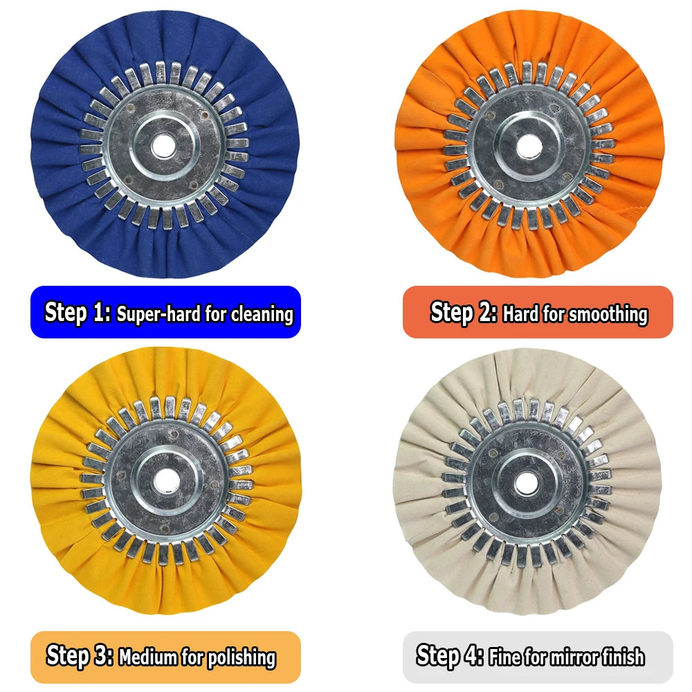 A set of four polishing wheels for angle grinders showing different grits: super-hard, hard, medium, and fine.