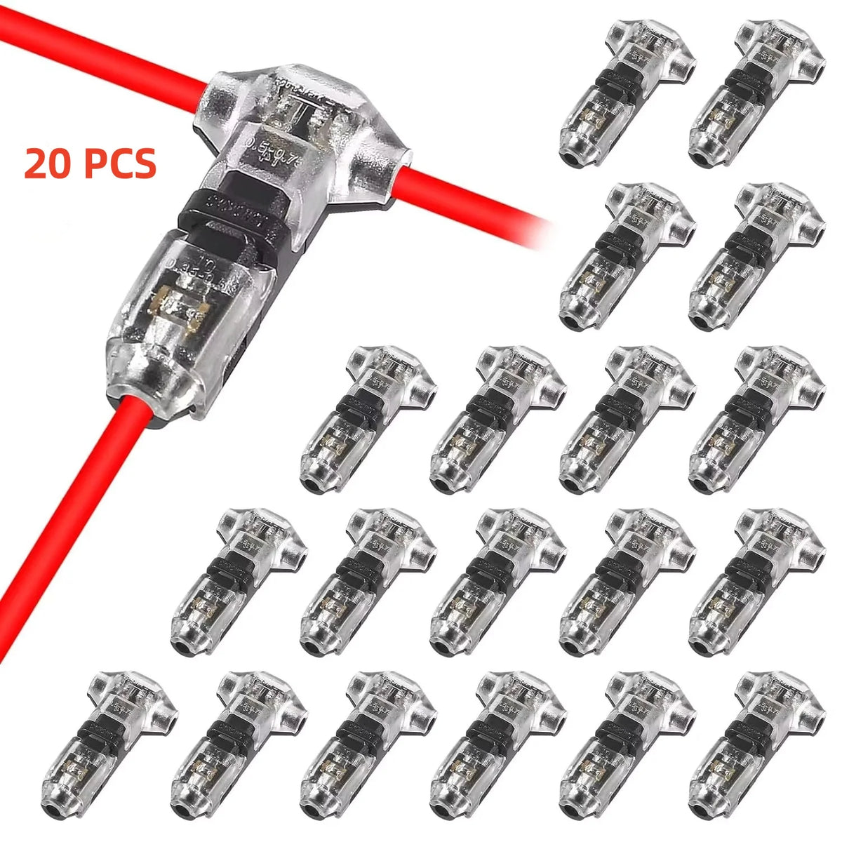 A collection of 20 silver T-tap wire connectors with red insulated wires.