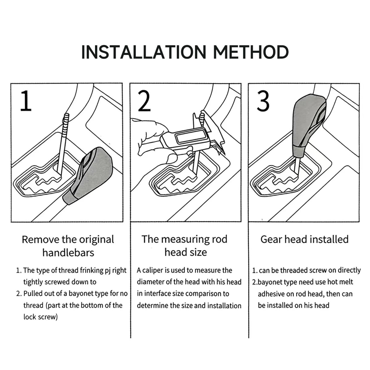Three steps showing how to install a gear shift knob using a measuring rod and a caliper