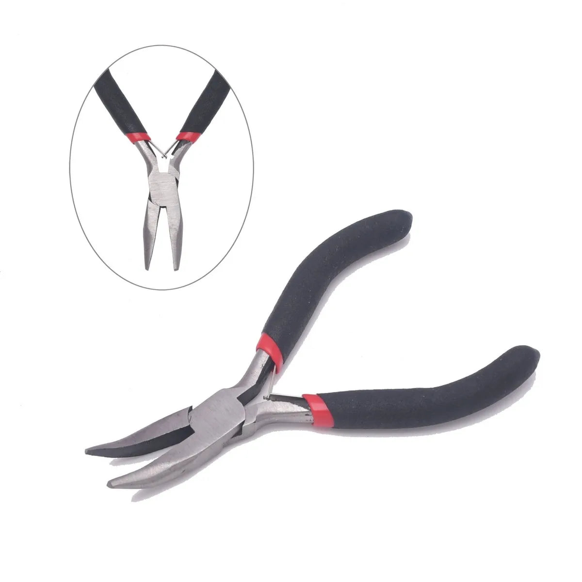 A pair of silver jewelry making pliers with black handles and a set of tweezers shown in an inset circle.