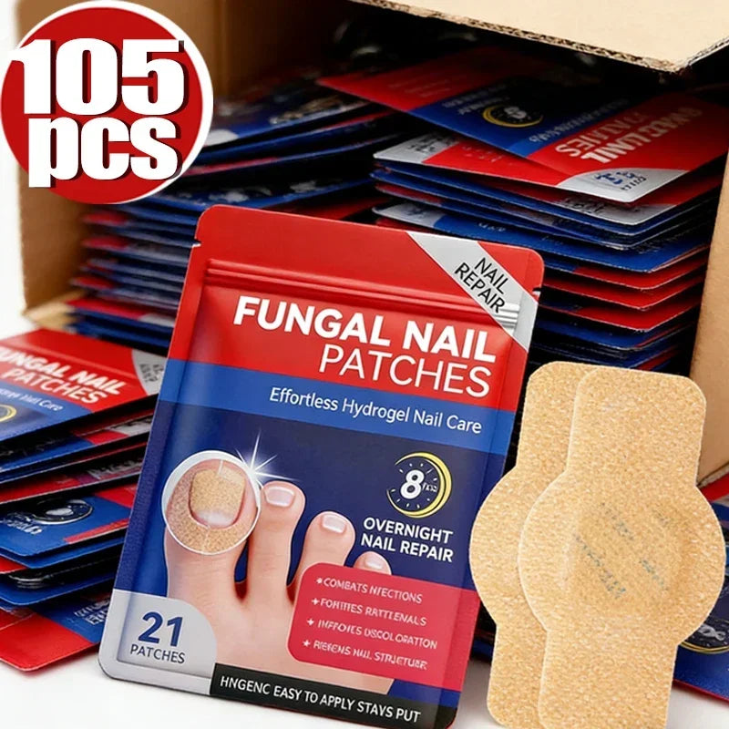 Box of fungal nail patches for overnight nail repair showing a hand applying the patches