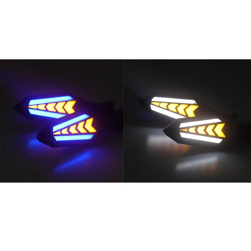A pair of universal 12V motorcycle LED flowing turn signal indicators showing blue and yellow light patterns.