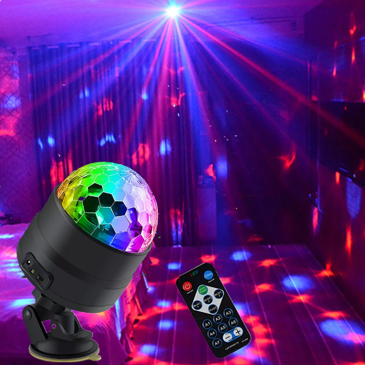 A black disco ball light is shown illuminating a room with colorful laser beams and a smartphone displaying control options.