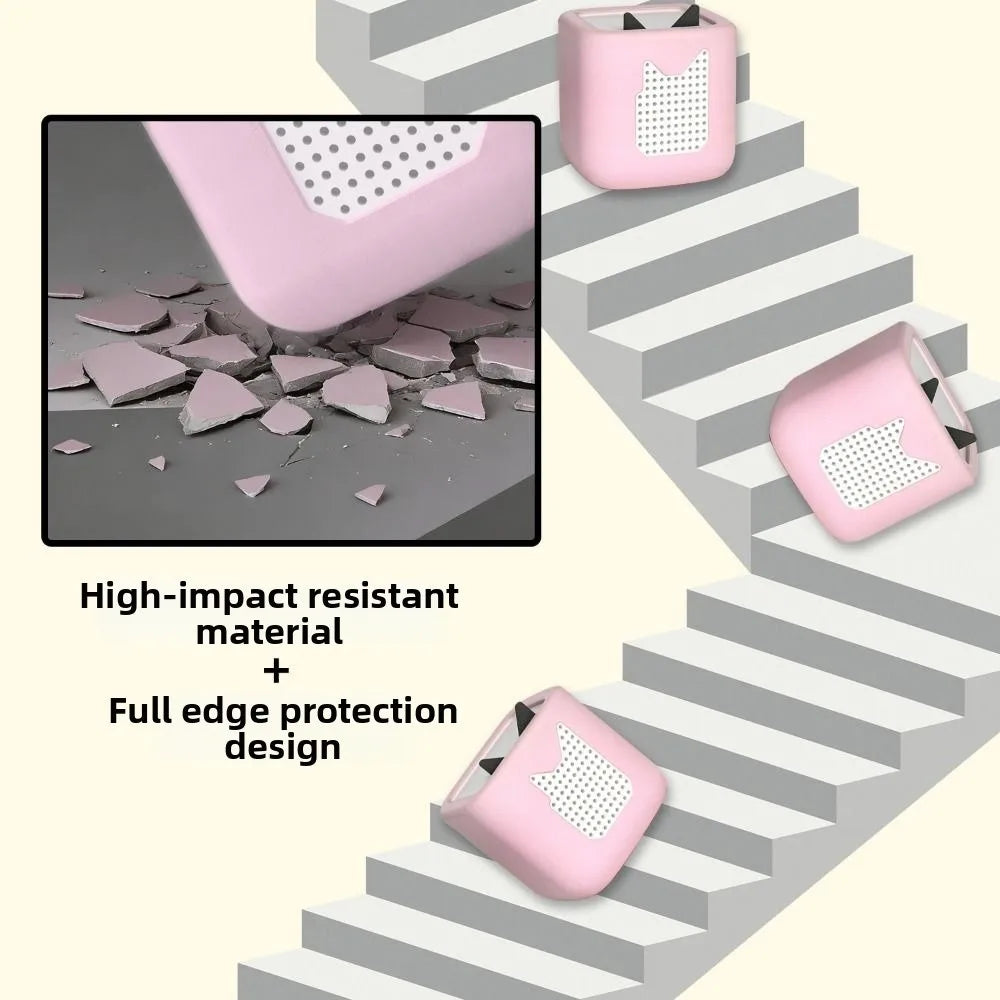 Pink silicone protective cover with full edge protection design shown on a staircase.