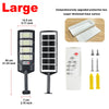 A large solar street light with a motion sensor and remote control, shown alongside its components.